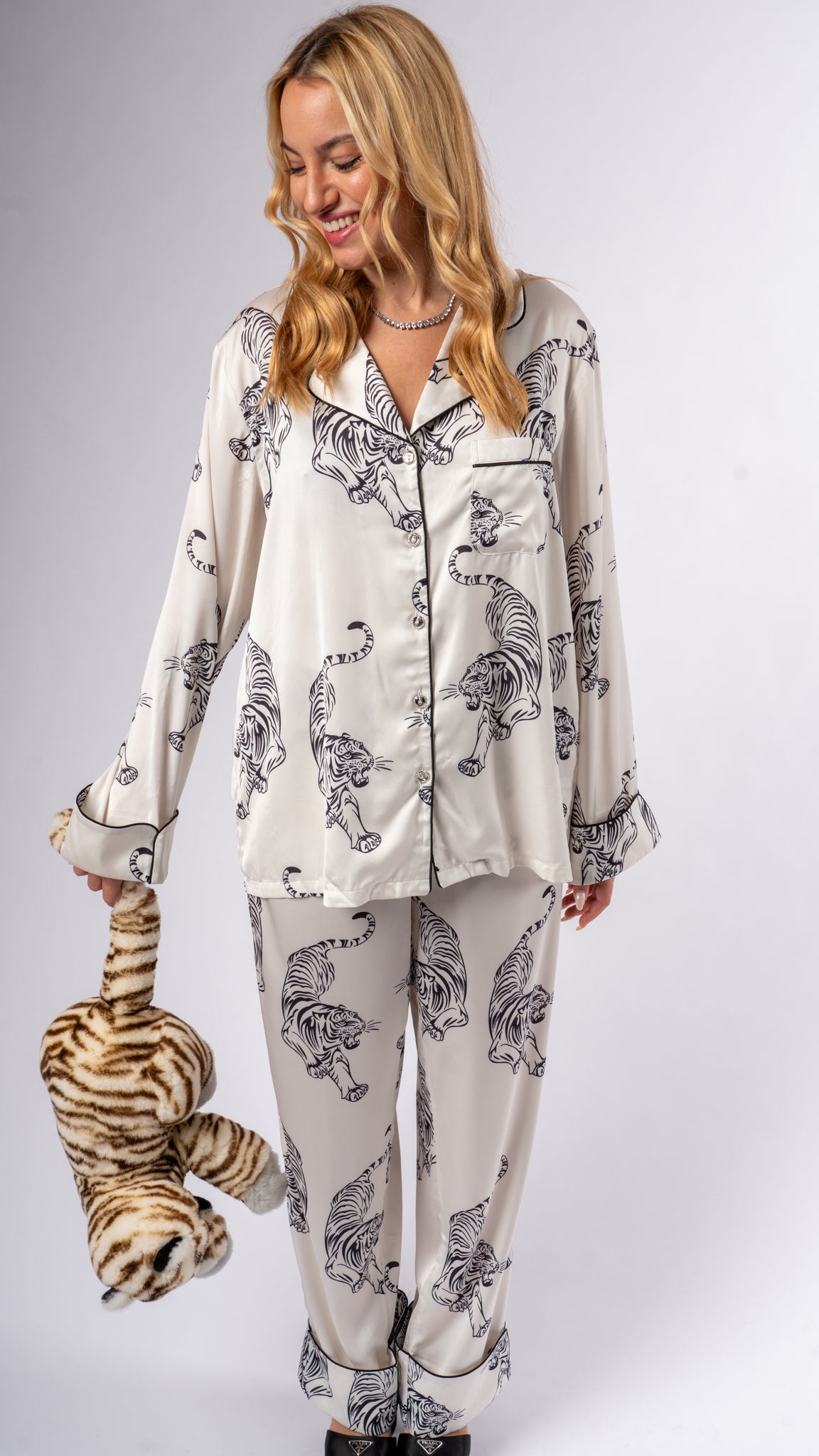 Satin Pajama Set for Men Tiger Print, Feline, Animal Print, Satin